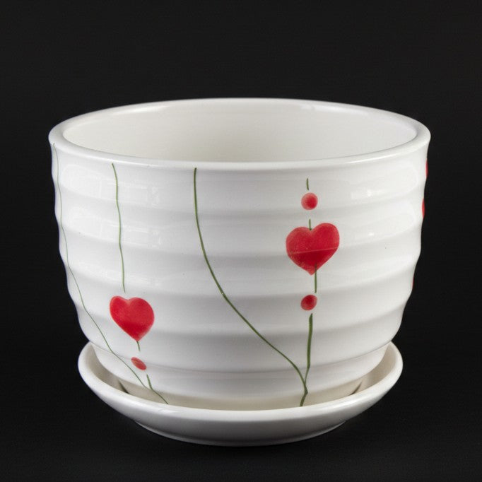 Floating Hearts Ribbed Ceramic Planter with Tray