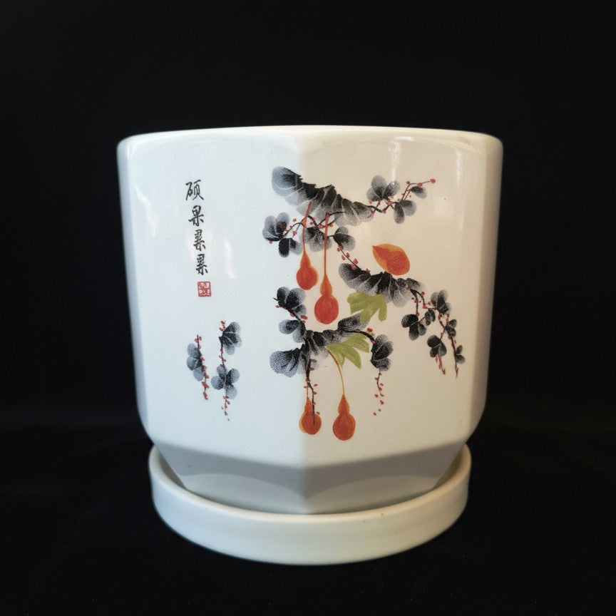 Chinese Ink Art Gourd Botanical Ceramic Planter with Tray