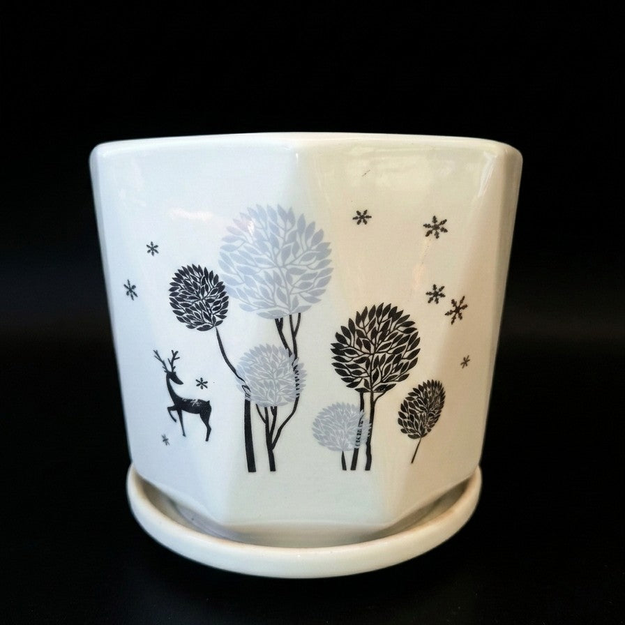 Winter Forest Reindeer Ceramic Planter with Tray