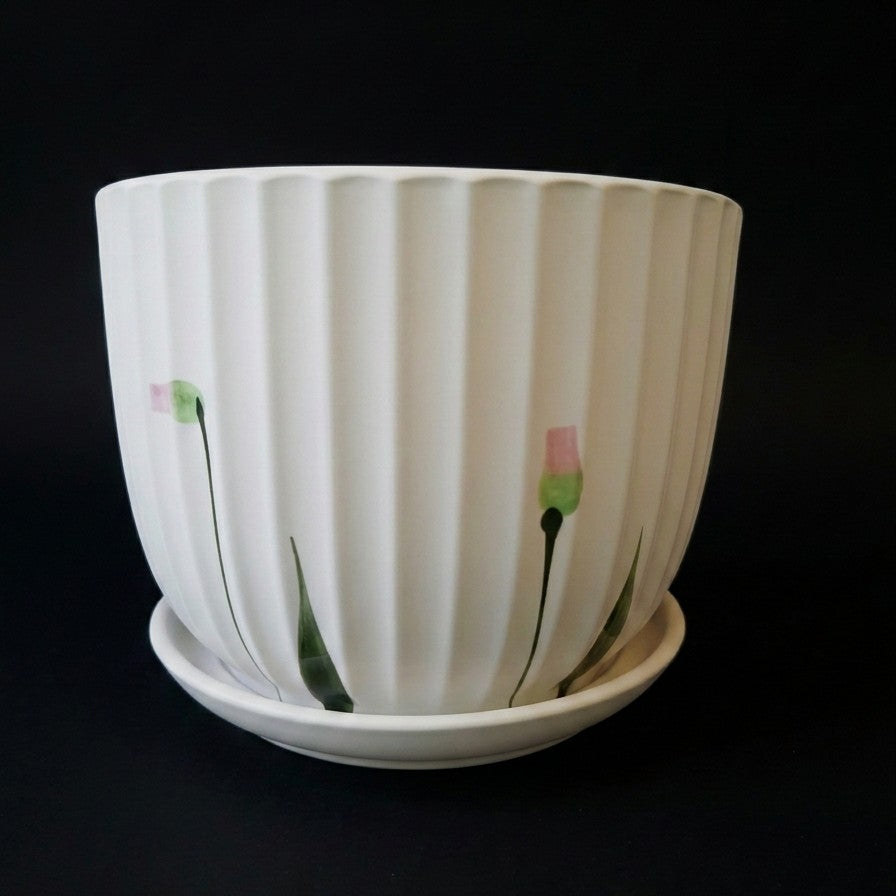 Pink Tulip Bud Ribbed Ceramic Planter with Tray