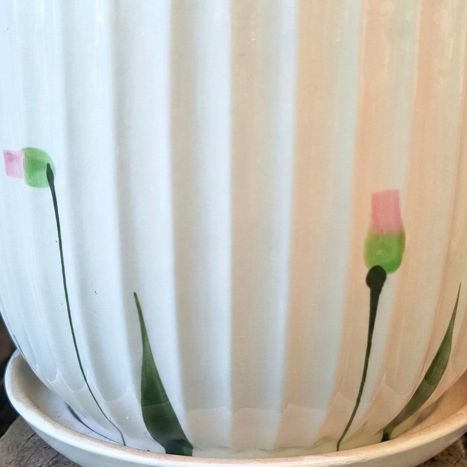 Pink Tulip Bud Ribbed Ceramic Planter with Tray