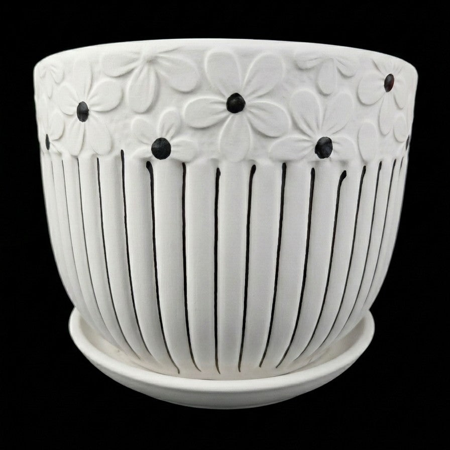 Floral Embossed Ceramic Planter with Tray
