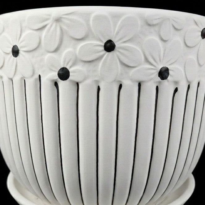 Floral Embossed Ceramic Planter with Tray