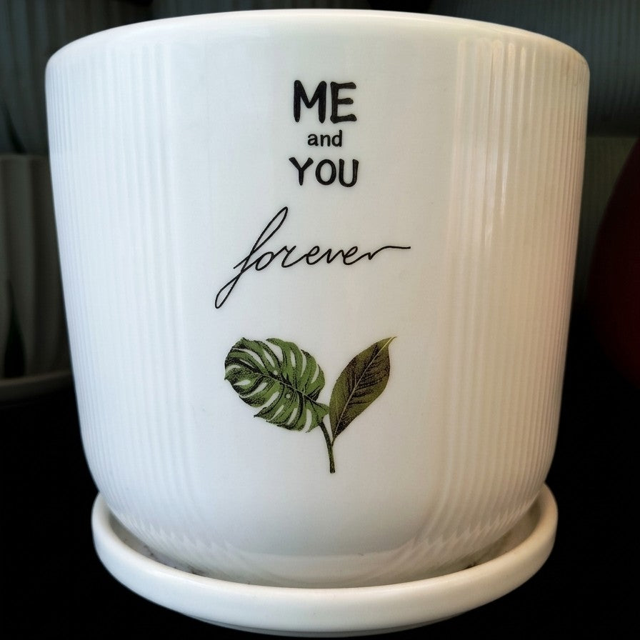 "Me and You Forever" Botanical Ribbed Ceramic Planter with Tray