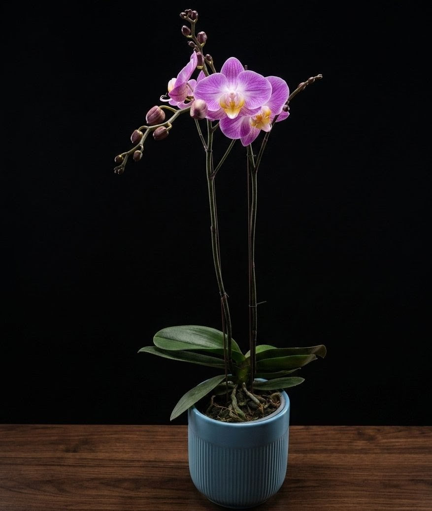 Purple Striped Phalaenopsis Orchid in Blue Ribbed Ceramic Pot