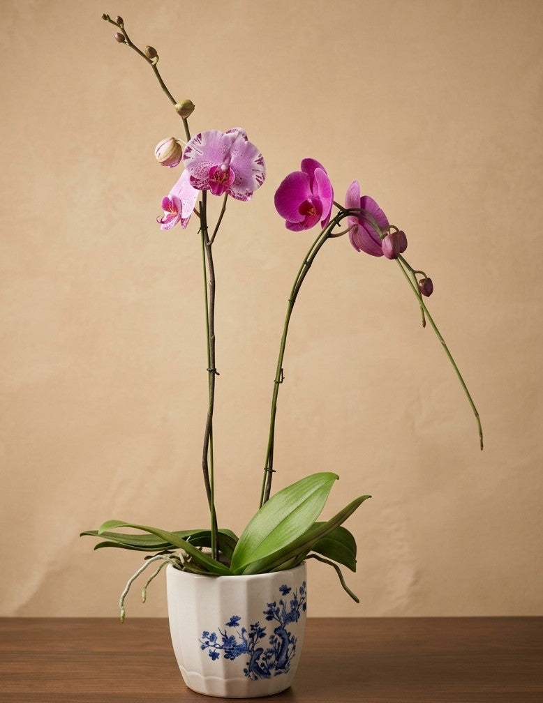 Dual-Tone Pink Phalaenopsis Orchid in Blue &amp; White Porcelain Pot